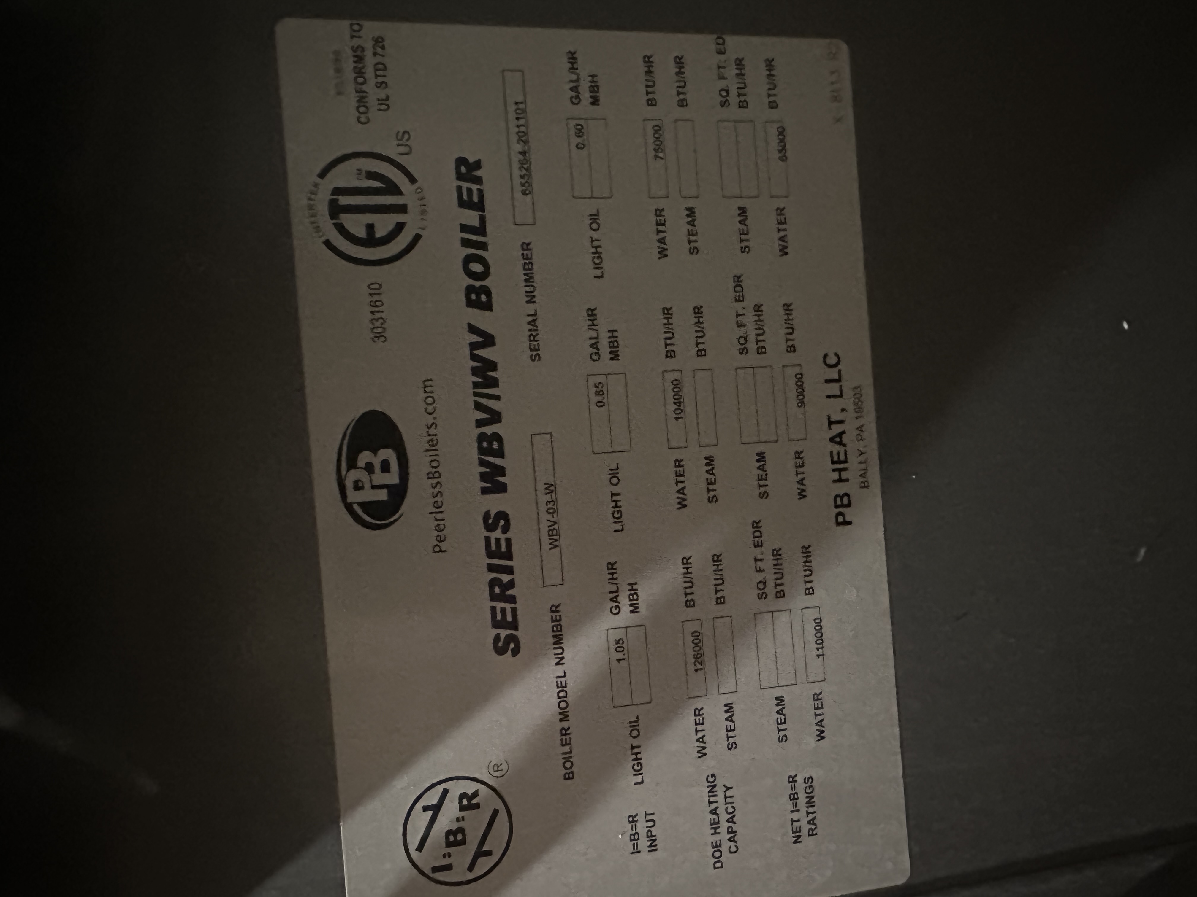 Boiler data plate