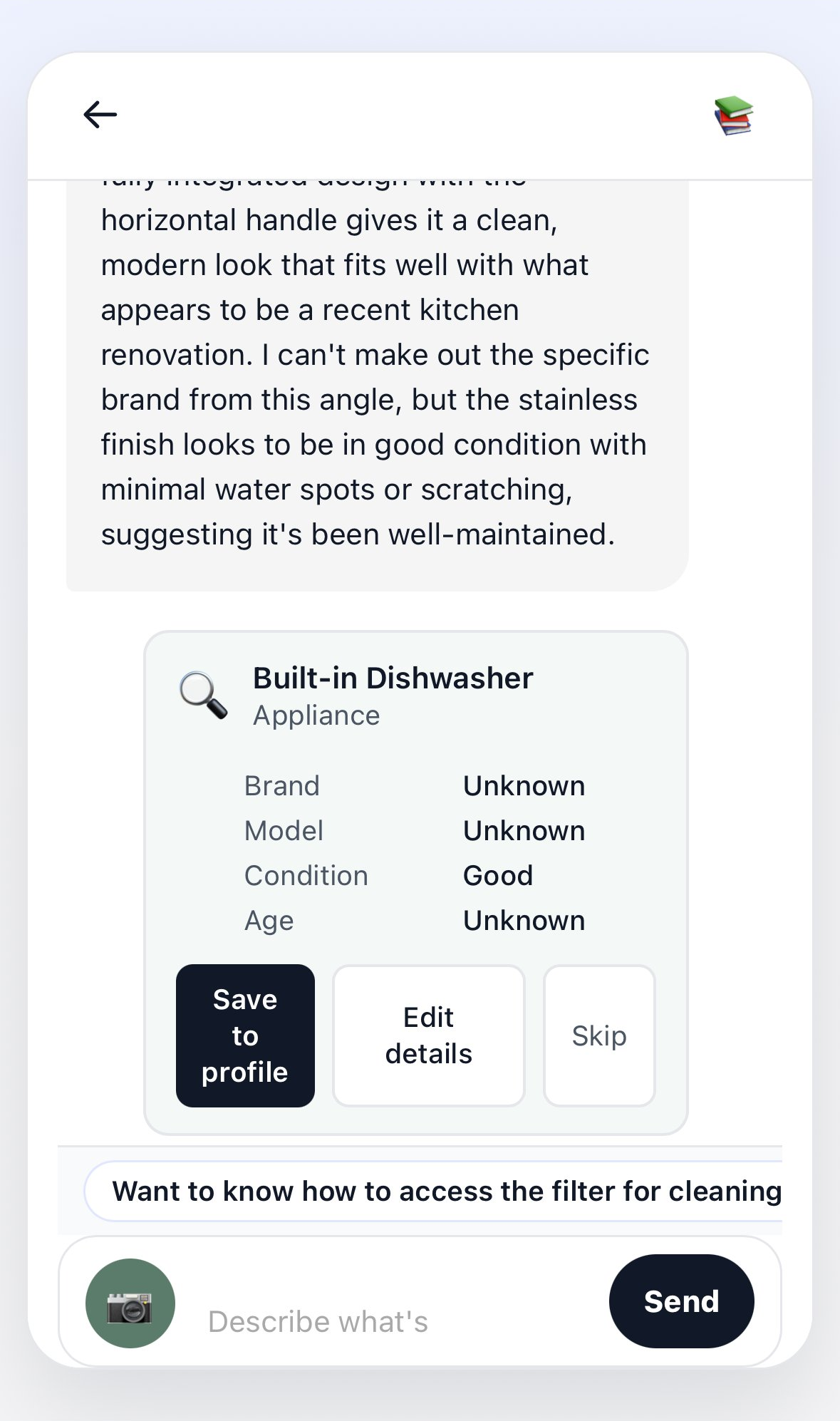 The save to profile card for the identified dishwasher